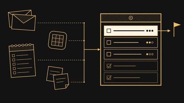 Agent cockpit : mails, logiciel métier, cahier et post-it rejoignent un tableau qui classe les actions et pointe la prochaine